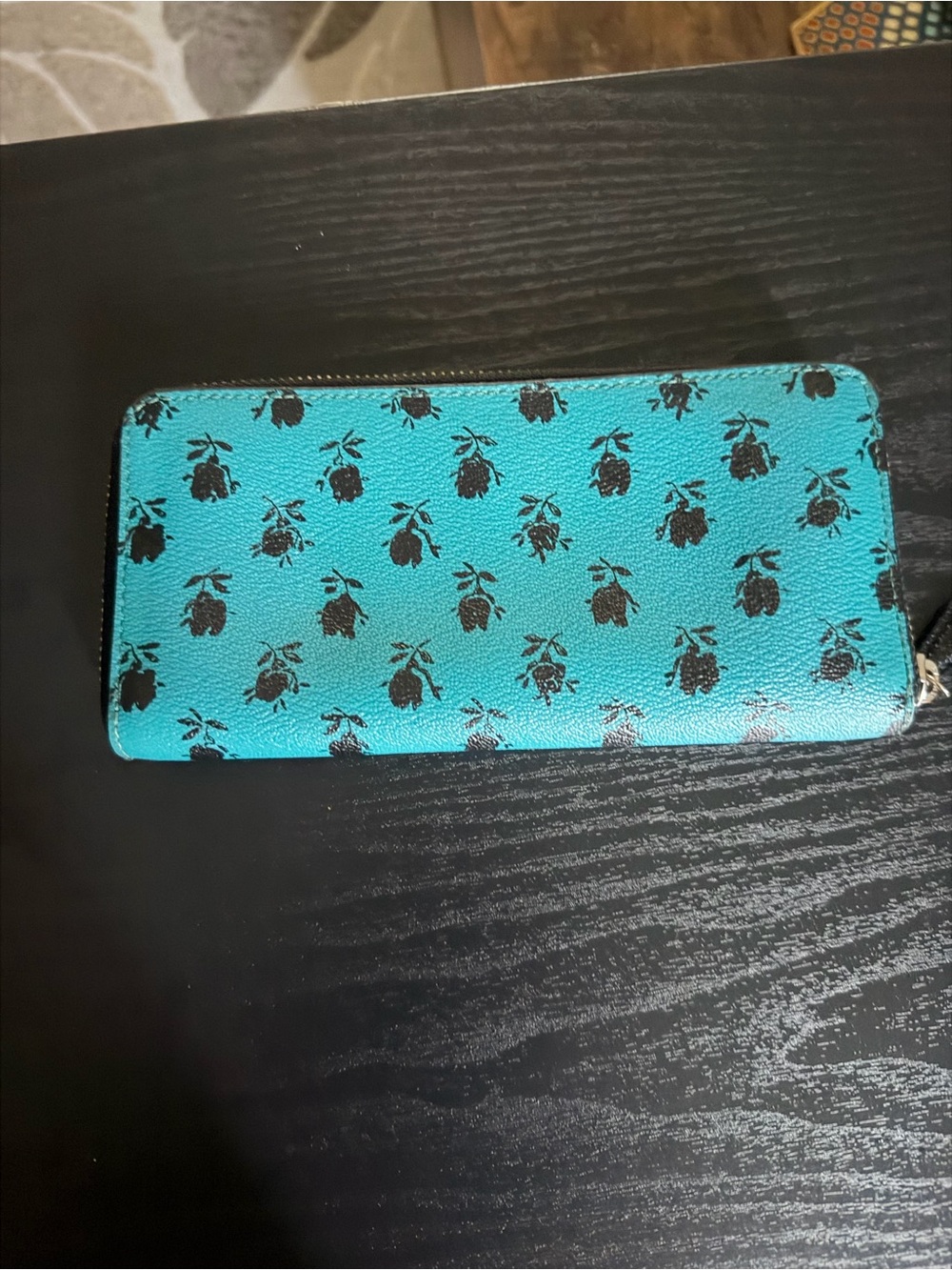 Coach Teal Zip-Around Wallet with Black Rose Print - Picture 2 of 4